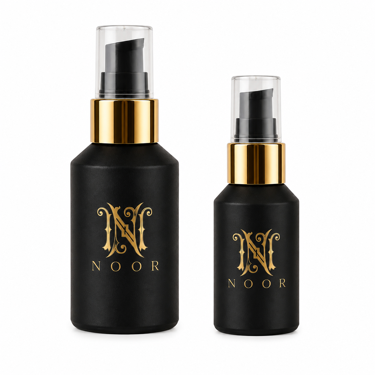 Noor Ambrosa Women's Hair Oil – 30ml and 60ml black bottles with gold pump