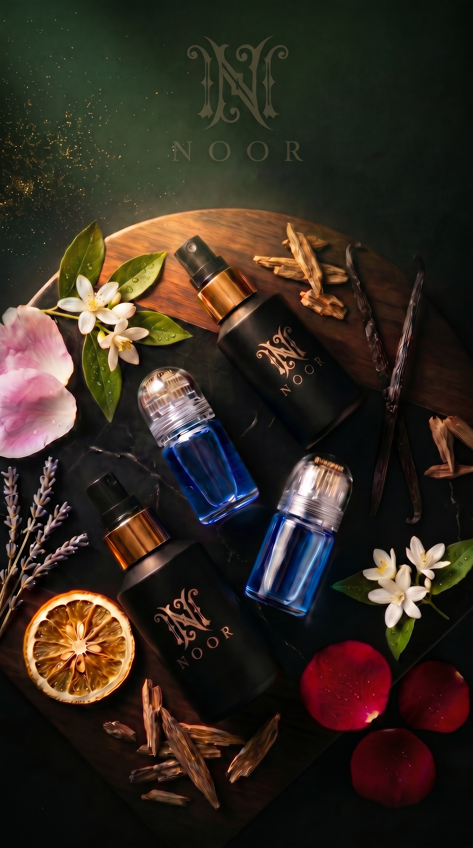 NOOR fragrance oils surrounded by botanical ingredients